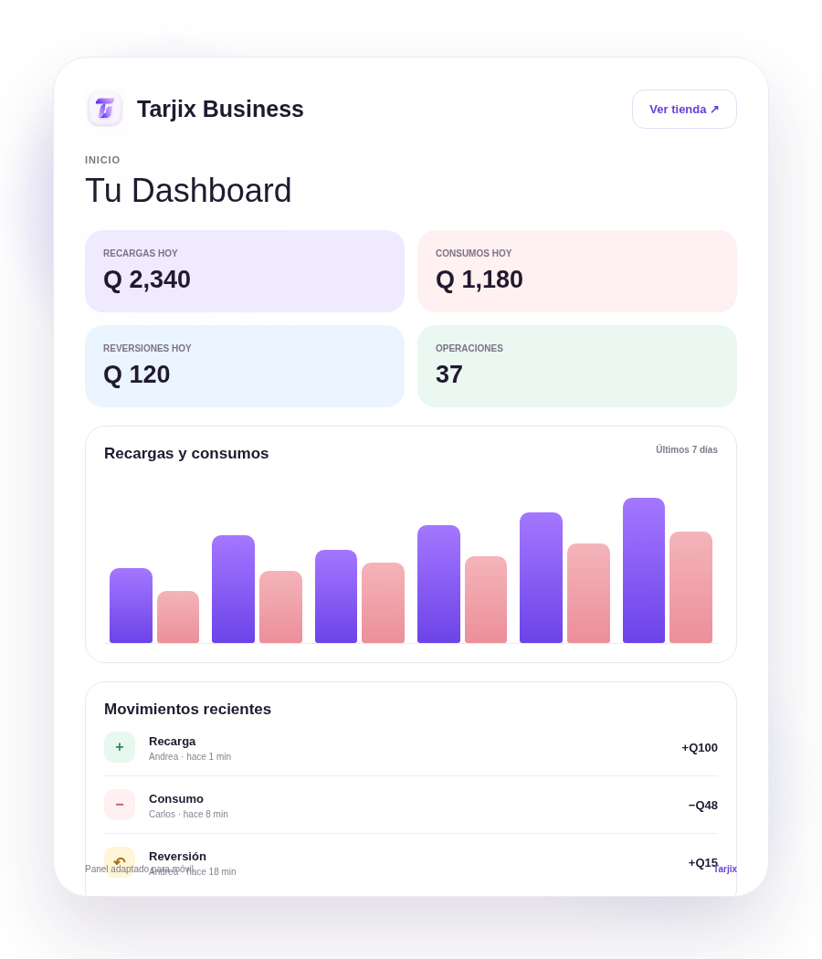 Tarjix Business móvil con recargas, consumos, reversiones, movimientos, reportes y acceso a la tienda