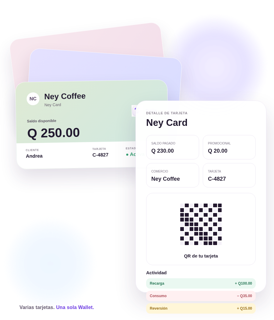 Tarjix Wallet móvil con varias tarjetas de comercio, saldo pagado y promocional, actividad y QR de tarjeta