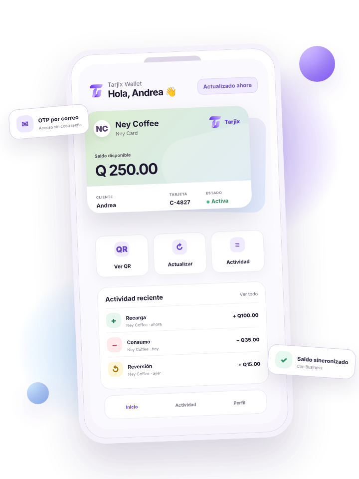 Tarjix Wallet con tarjetas por comercio, saldo sincronizado, actividad y QR dentro del detalle